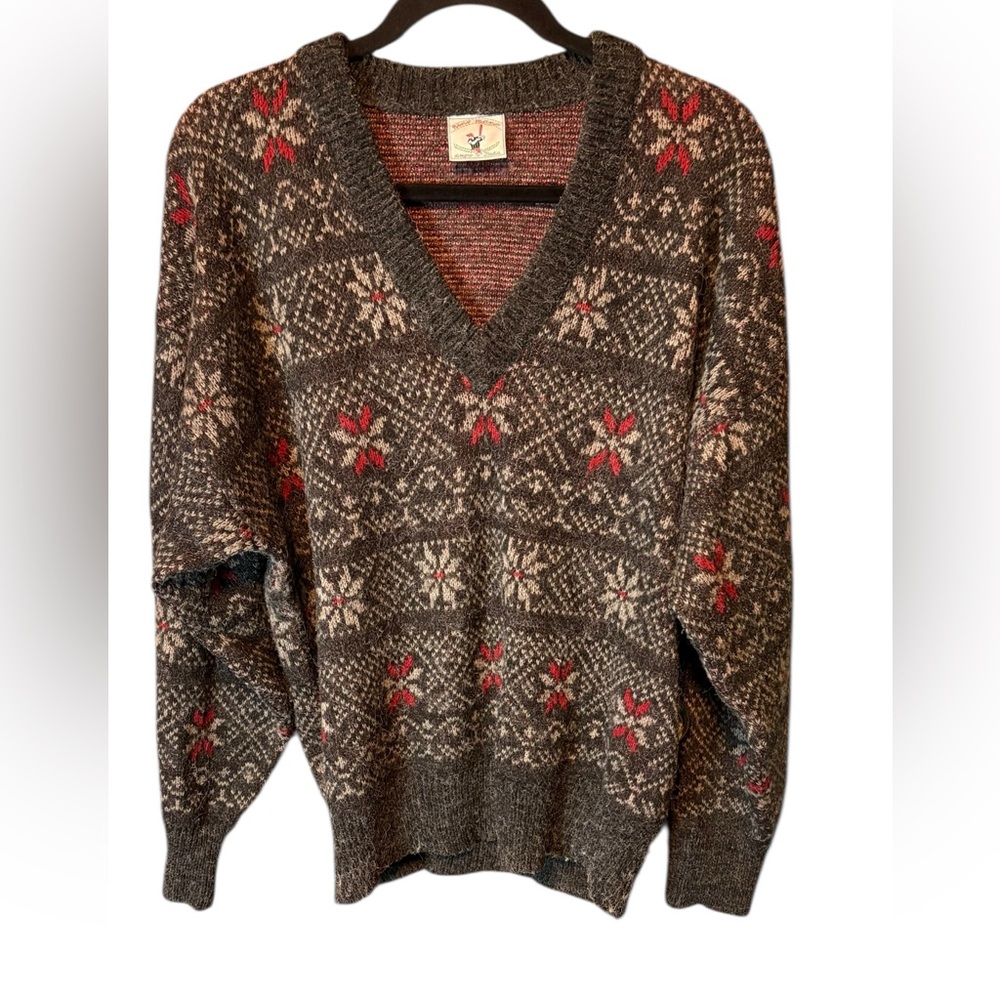 Nino Mora Vintage Fair Isle Wool Ski Sweater Large V Neck Nordic Grey